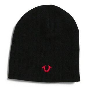 True Religion Men's Embroidered Horseshoe Logo Skull Beanie - Black/Red